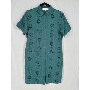 Loft Dress Womens 2 Green Mini Eyelet Floral Button Cottage Boho Summer Cotton
